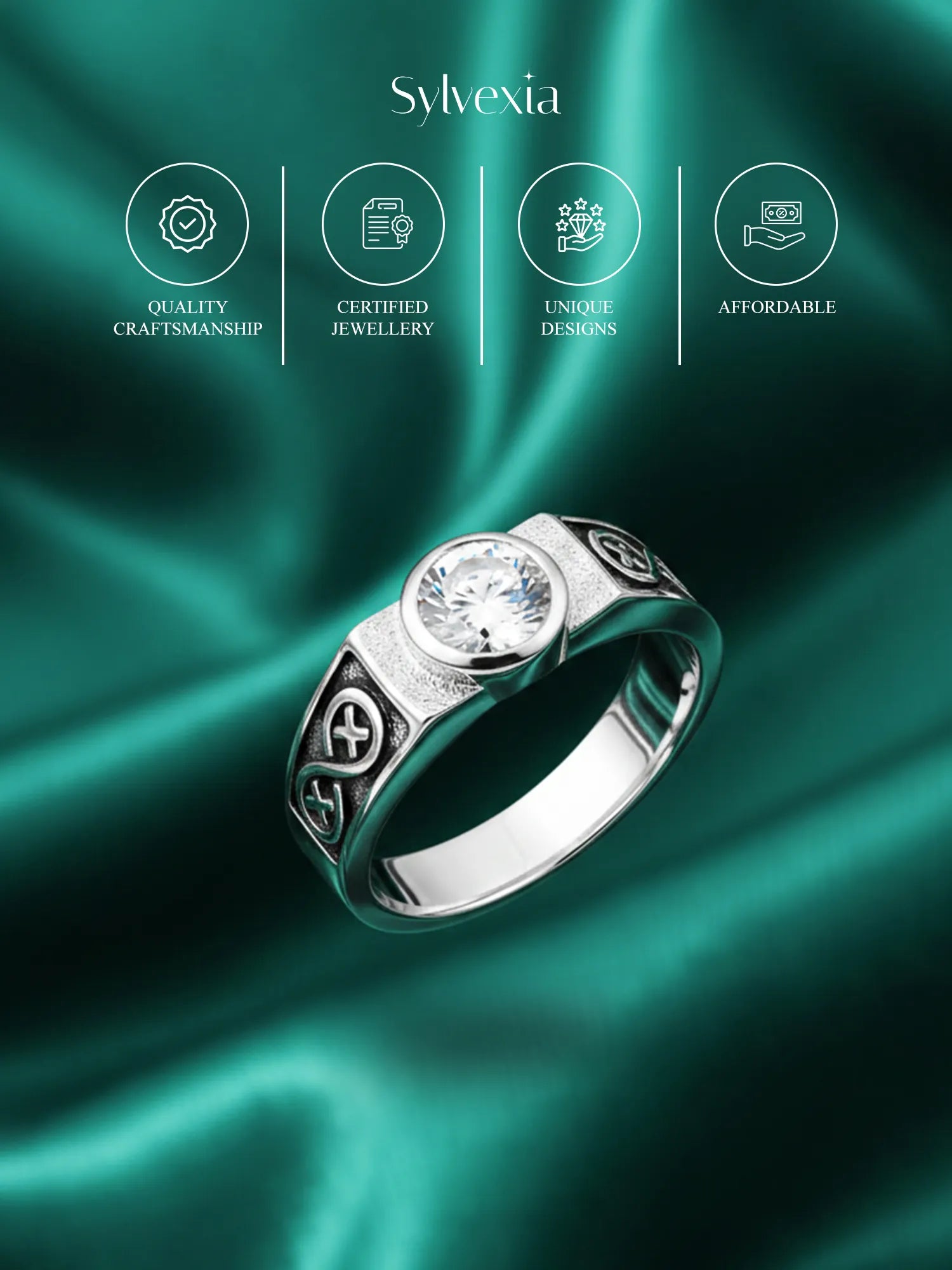 Sylvexia 925 Sterling Silver CZ Stone Designer Ring for Men
