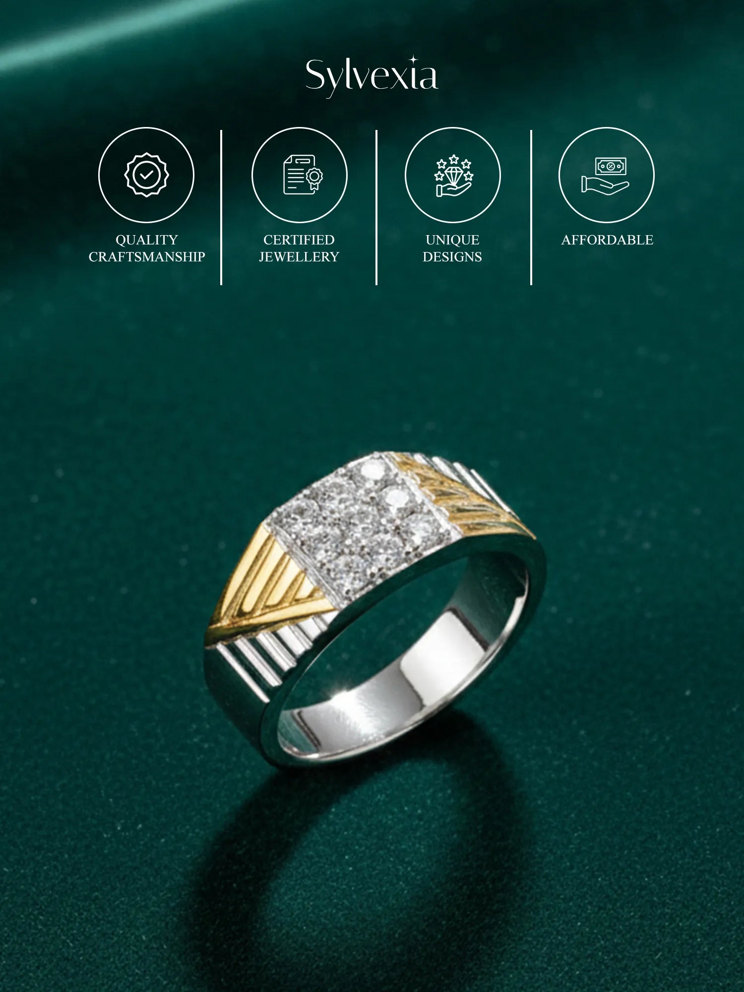 Sylvexia 925 Sterling Silver Two Tone CZ Ring for Men | Gold & Silver Designer Ring