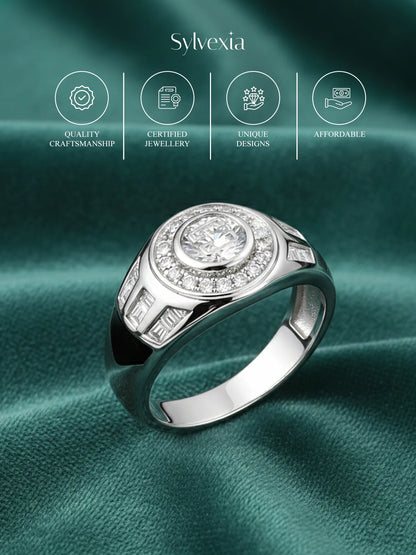 Sylvexia Men’s Silver Halo CZ Black Accent Designer Ring