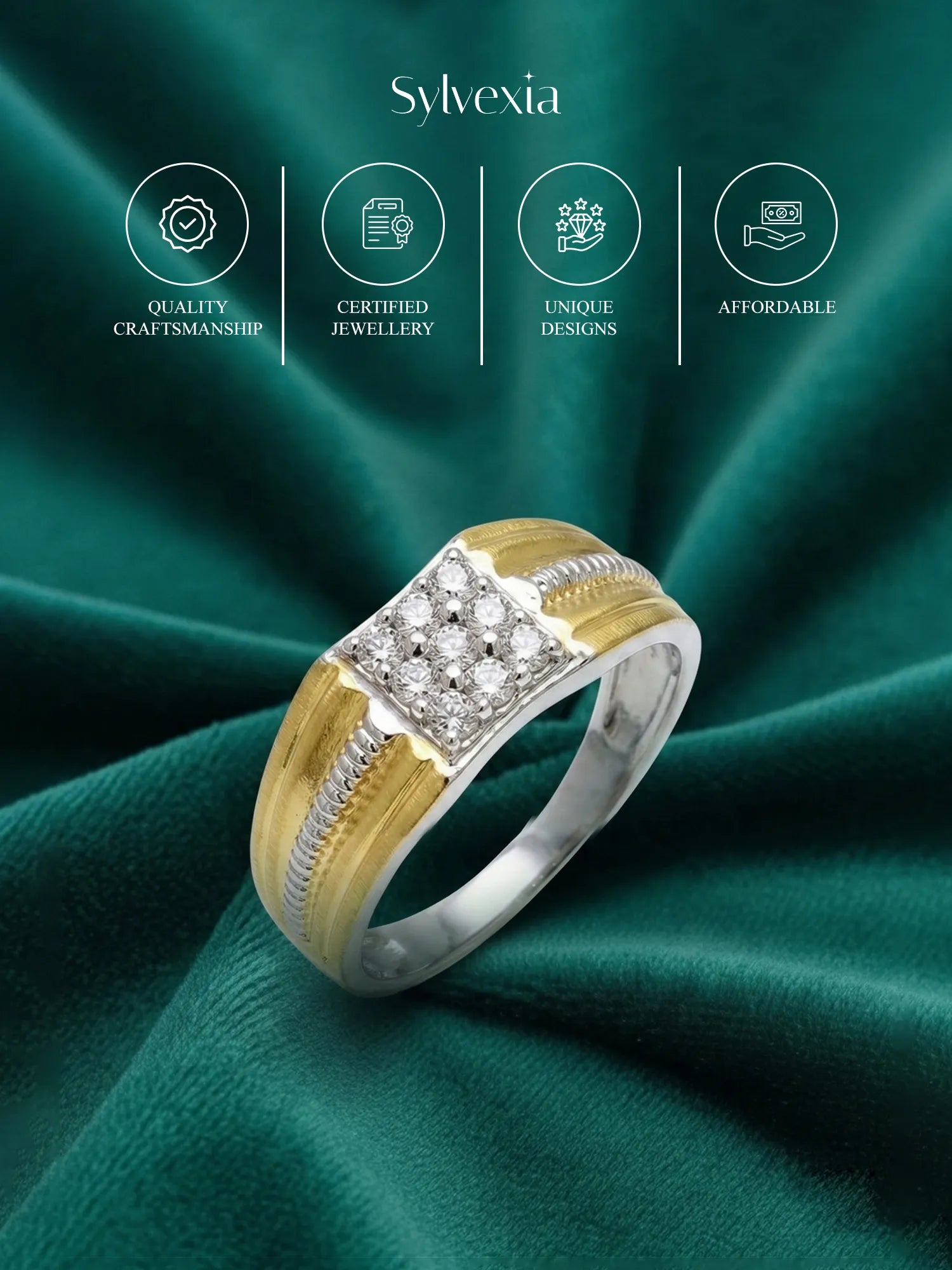 Sylvexia 925 Sterling Silver Two Tone CZ Square Ring for Men | Gold & Silver Statement Band