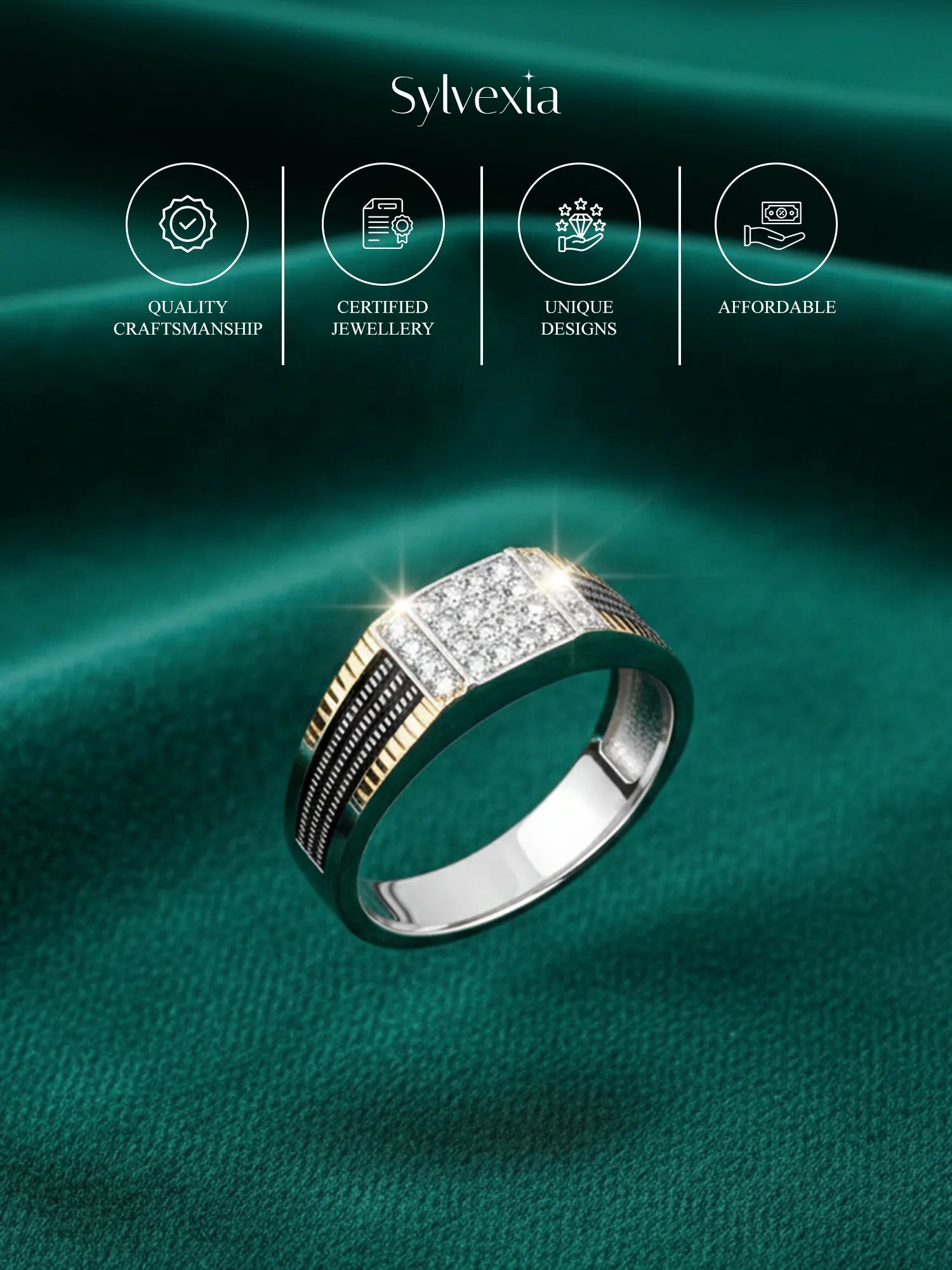 Sylvexia 925 Sterling Silver Gold Plated CZ Designer Ring for Men