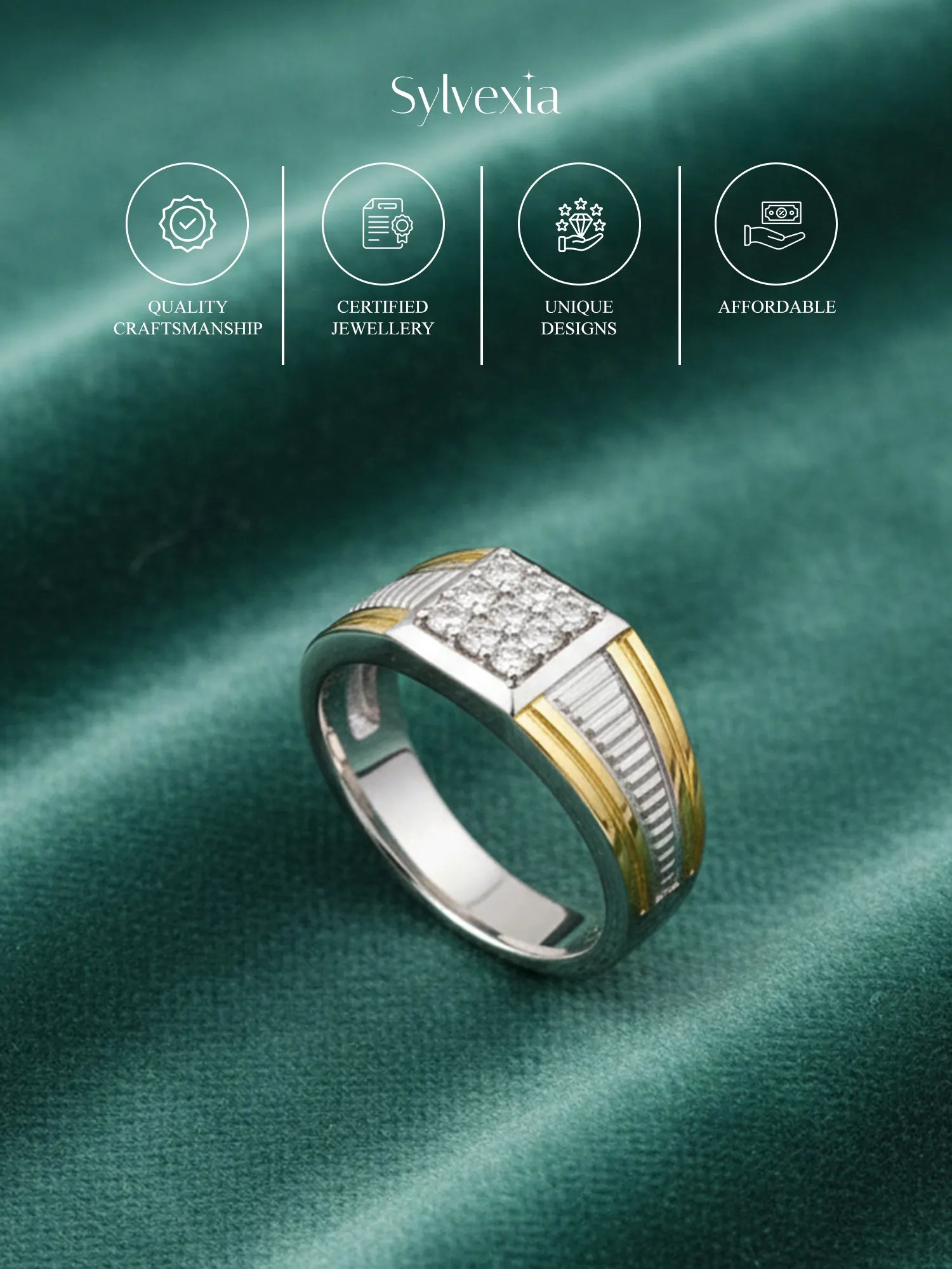 Sylvexia Two Tone CZ Stone Ring for Men Square Cluster Designer Silver & Gold Ring