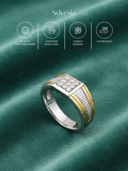 Sylvexia Two Tone CZ Stone Ring for Men Square Cluster Designer Silver & Gold Ring
