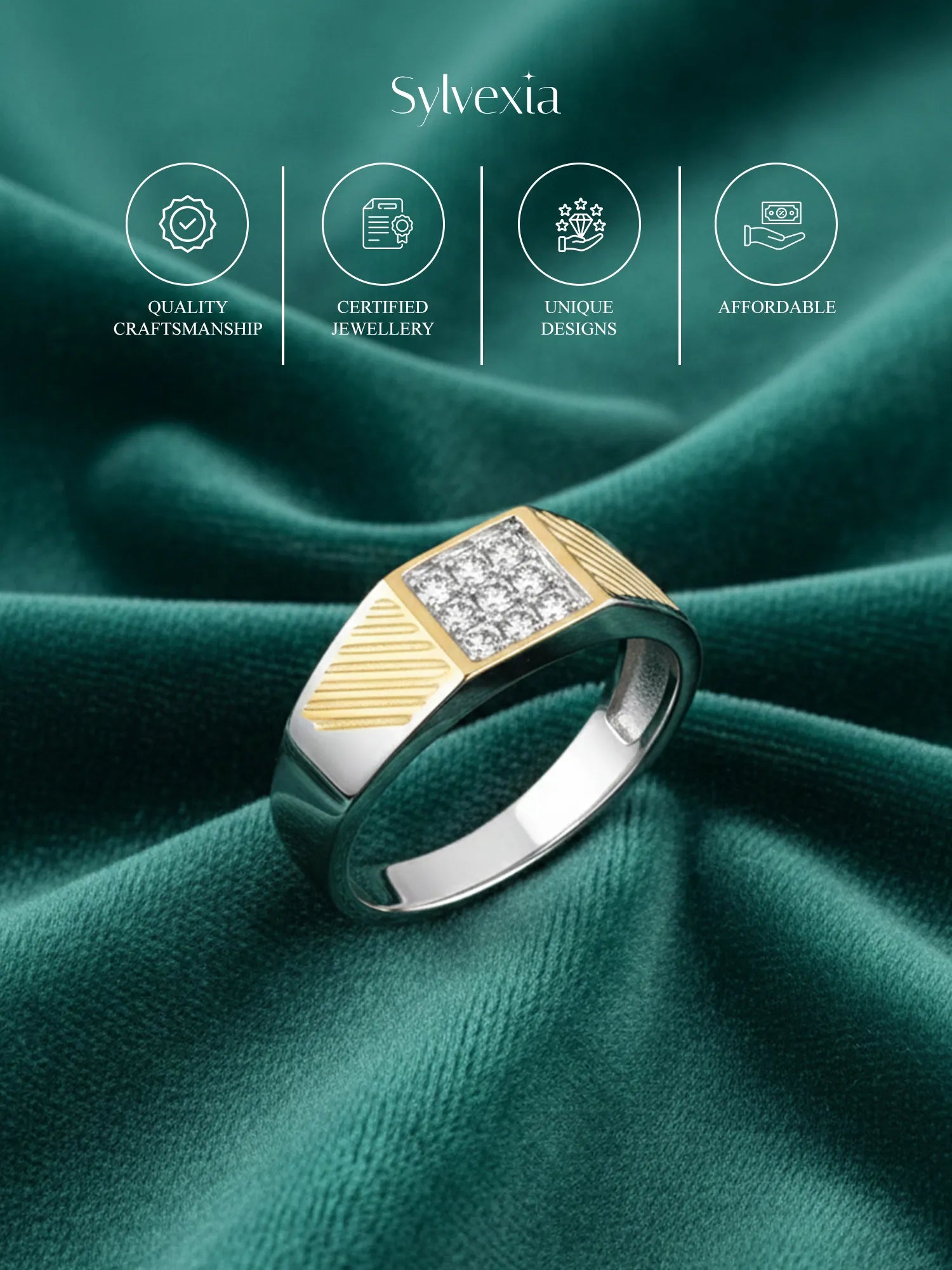 Sylvexia 925 Sterling Silver Two Tone CZ Square Ring for Men | Gold & Silver Band