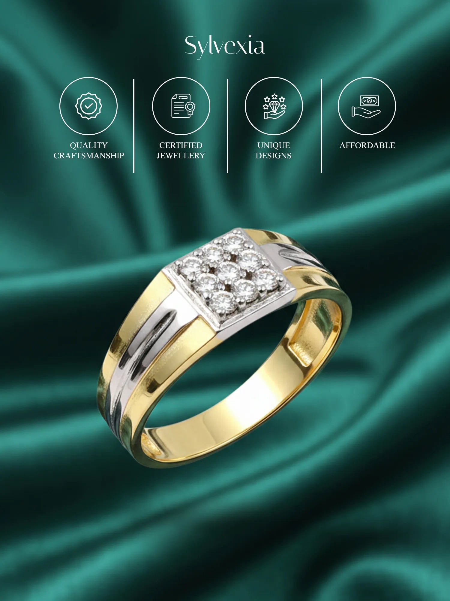 Sylvexia Two-Tone Gold & Silver CZ Cluster Men’s Ring