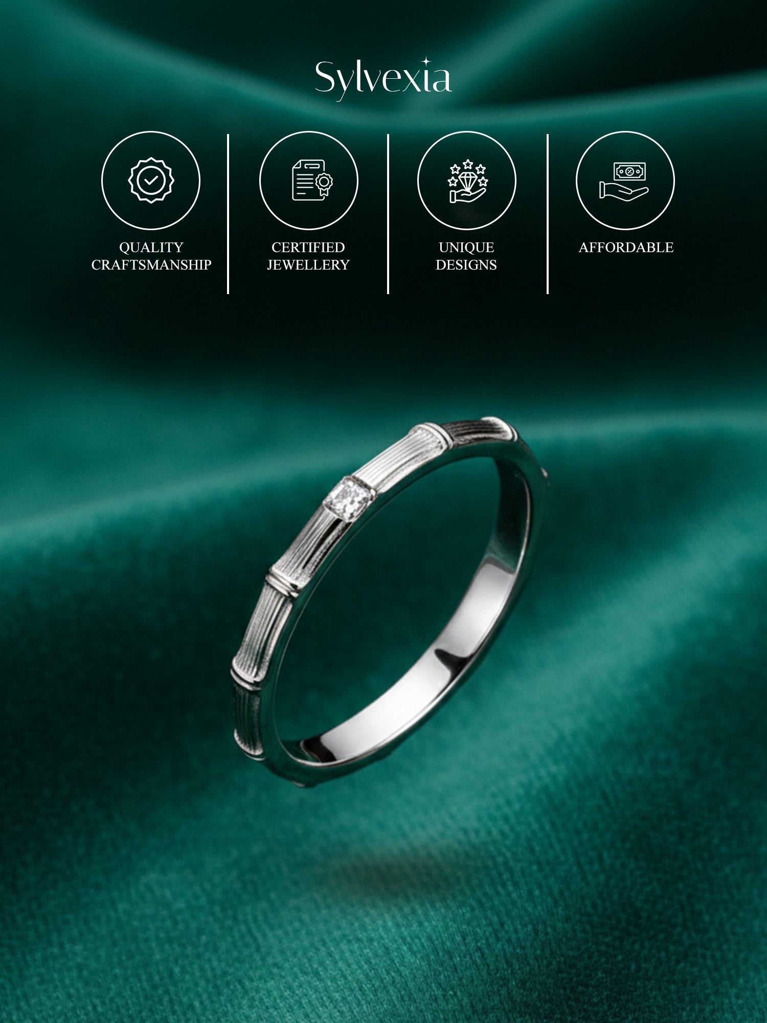 Sylvexia 925 Sterling Silver Mens Ribbed CZ Band Ring
