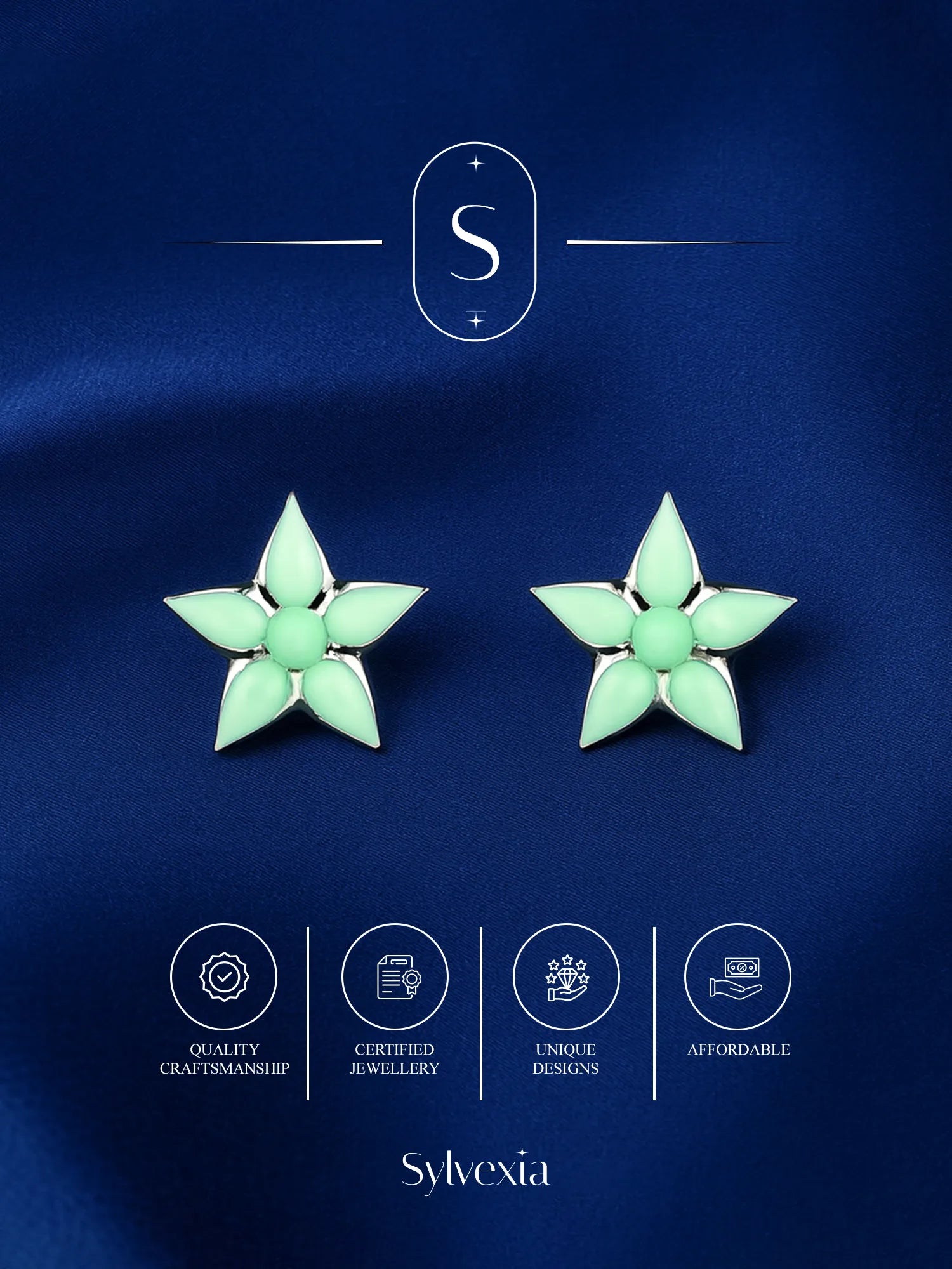 Sylvexia Silver Mint Green Floral Star Stud Earrings