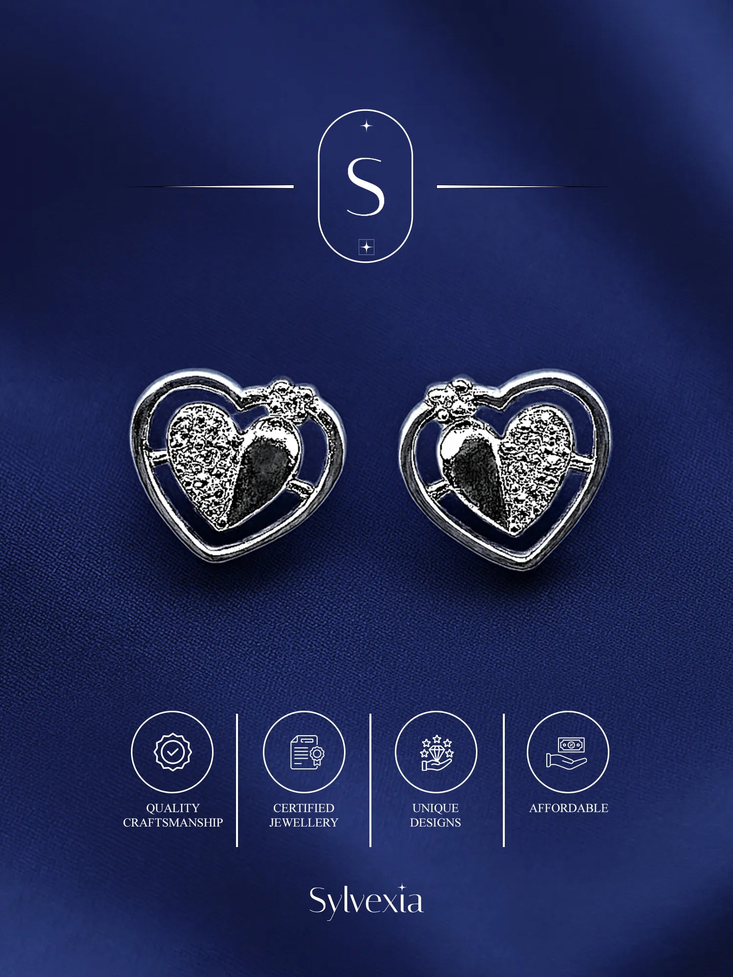 Sylvexia Silver Split Heart Crystal Stud Earrings