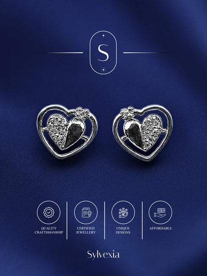 Sylvexia Silver Split Heart Crystal Stud Earrings