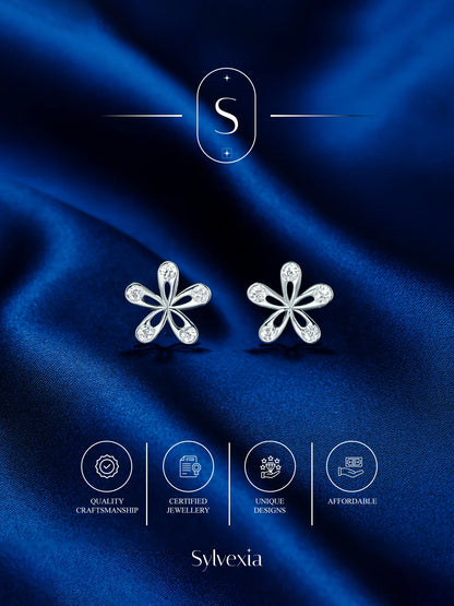 Sylvexia Silver Floral Crystal Stud Earrings