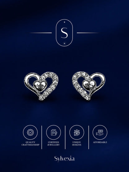 Sylvexia Silver Double Heart Crystal Stud Earrings