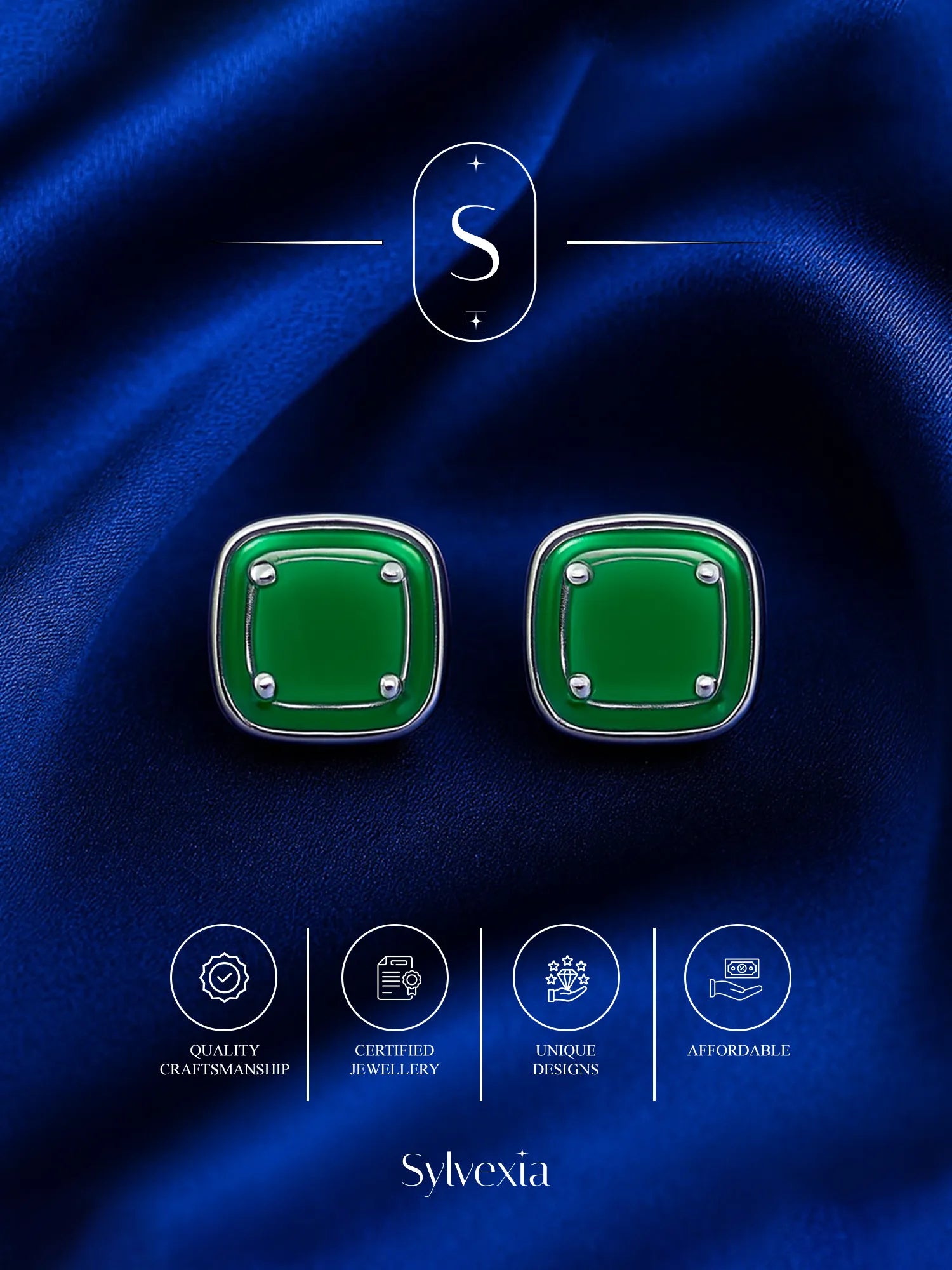 Sylvexia Emerald Green Square Stud Earrings