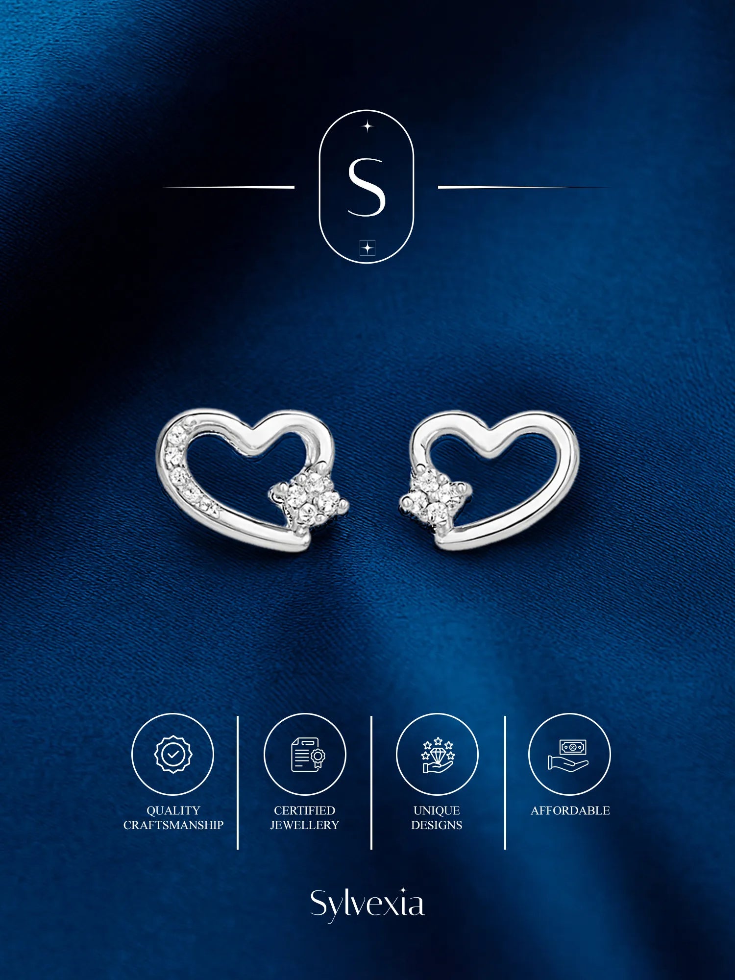 Sylvexia Silver Open Heart Cluster Crystal Stud Earrings