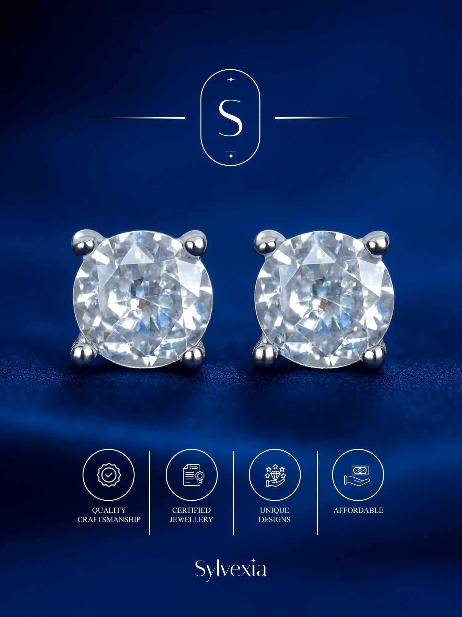 Sylvexia Silver Classic Round Solitaire Crystal Stud Earrings