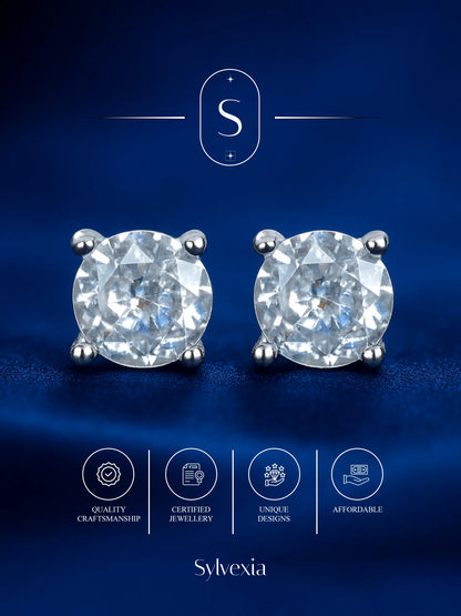 Sylvexia Silver Classic Round Solitaire Crystal Stud Earrings