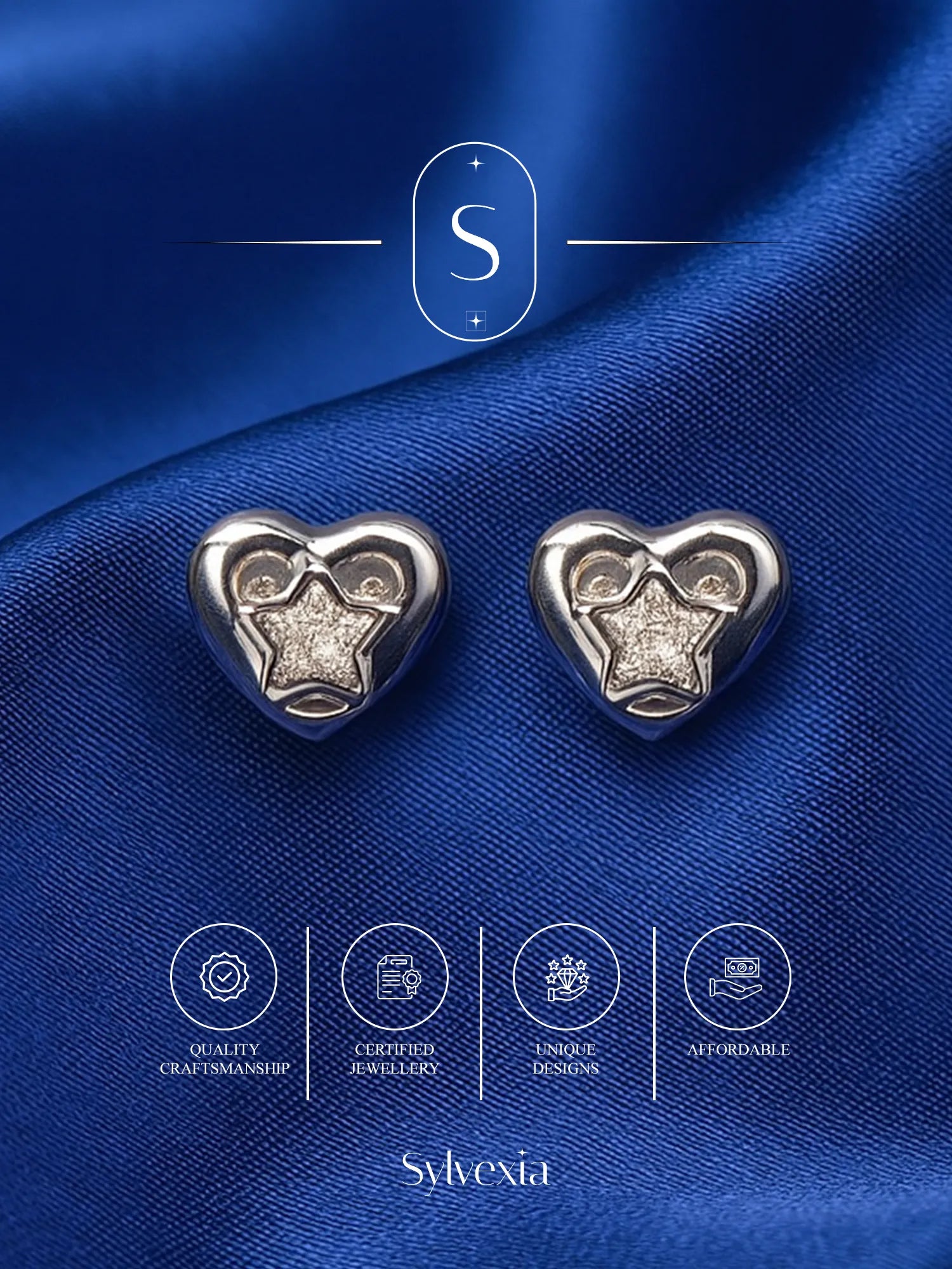 Sylvexia  Silver  Heart Star Crystal Earrings for Women