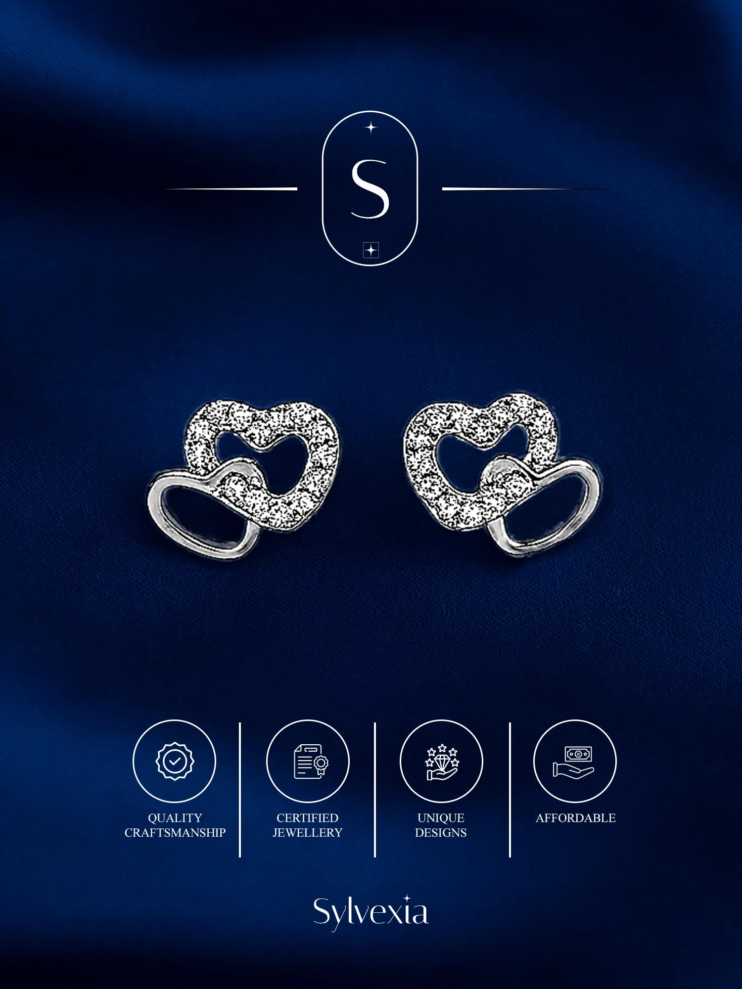 Sylvexia Double Heart Silver Stud Earrings for Women