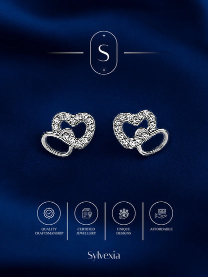 Sylvexia Double Heart Silver Stud Earrings for Women