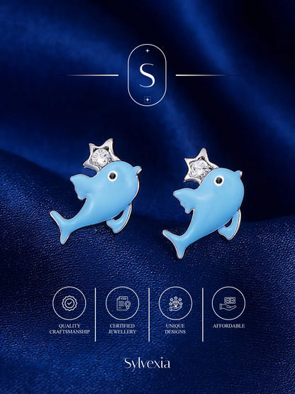 Sylvexia Silver Blue Dolphin Star Stud Earrings