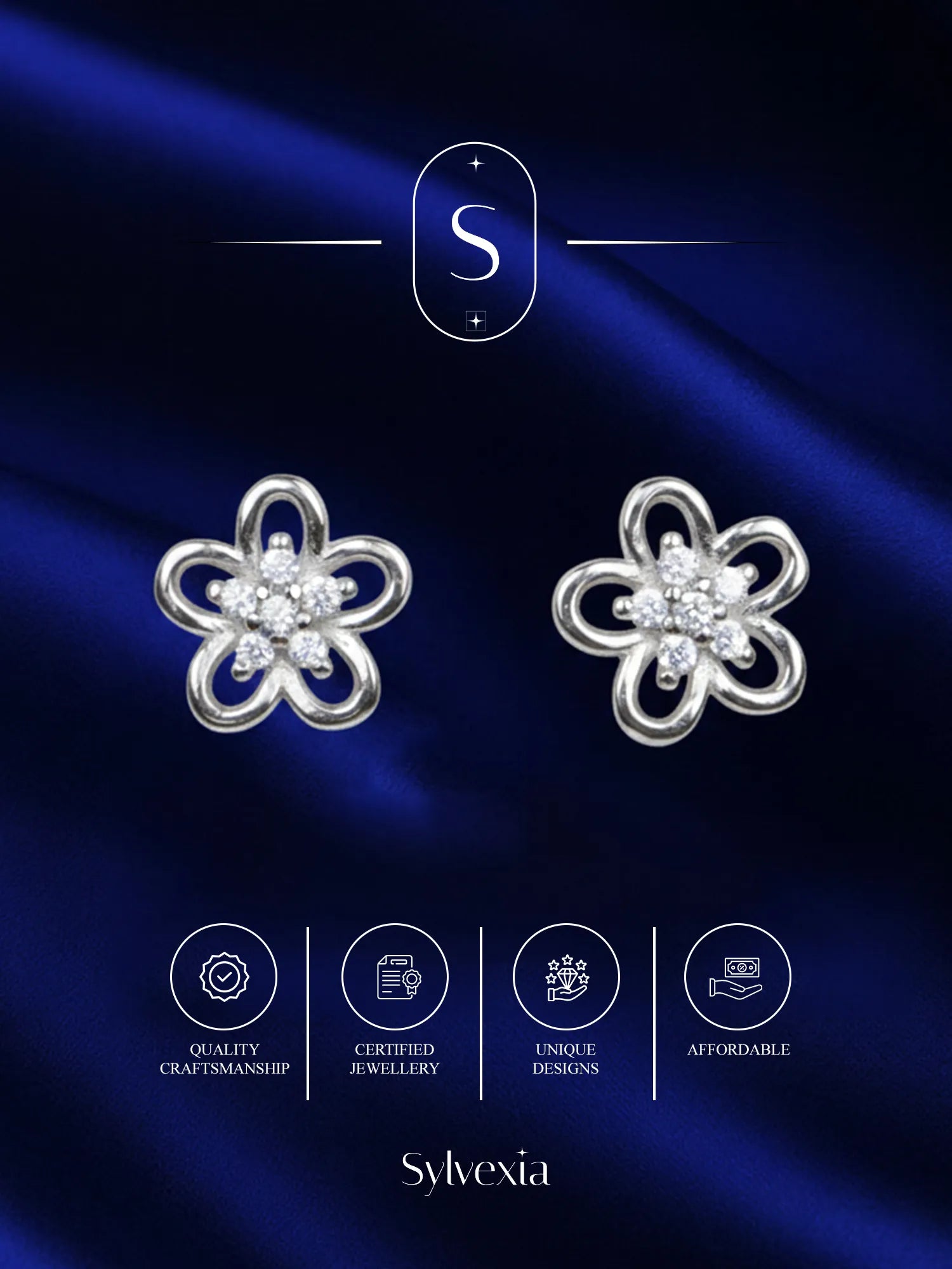 Sylvexia Silver Double Layer Floral Crystal Stud Earrings