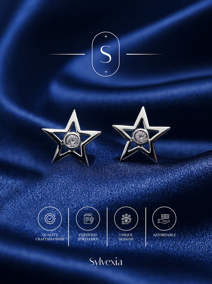 Sylvexia Silver Sparkling Star Stud Earrings