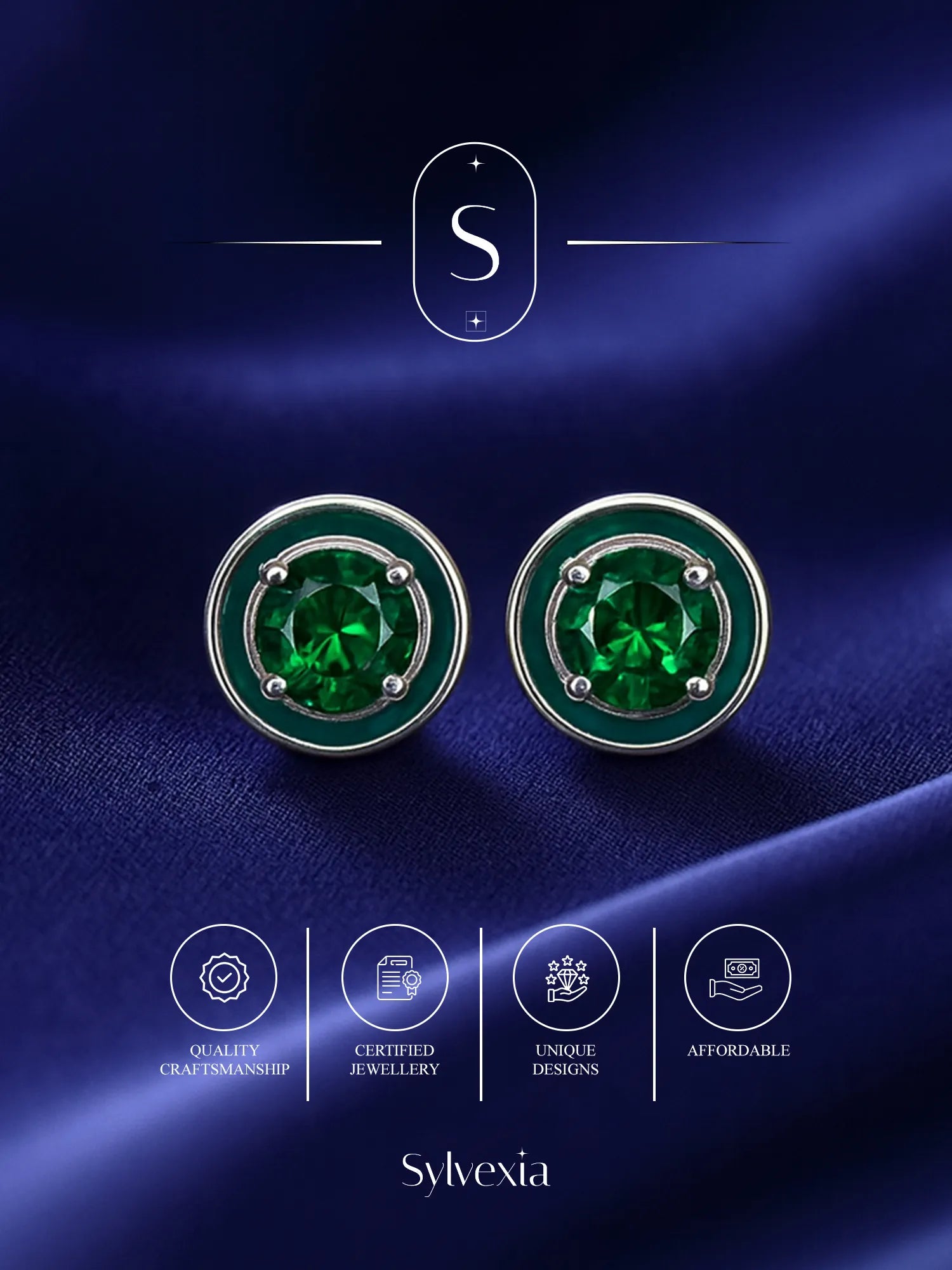 Sylvexia Silver Emerald Green Round Crystal Stud Earrings