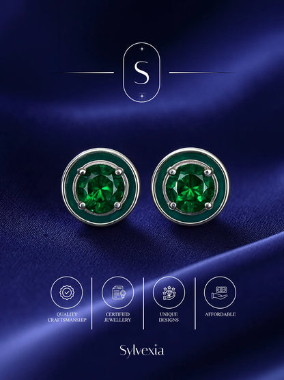 Sylvexia Silver Emerald Green Round Crystal Stud Earrings