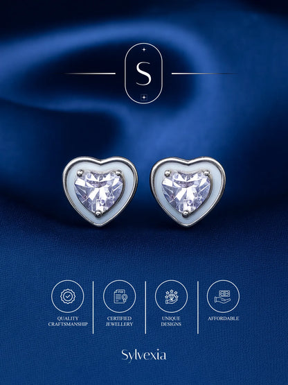 Sylvexia Silver Heart Cut Crystal Stud Earrings