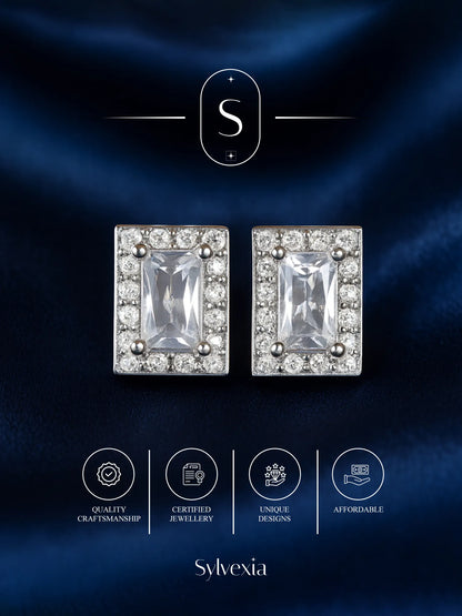 Sylvexia Silver Rectangle Halo Crystal Stud Earrings