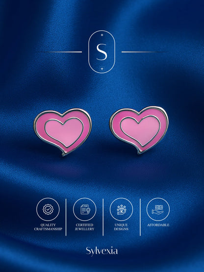 Sylvexia Silver Pink Heart Enamel Stud Earrings