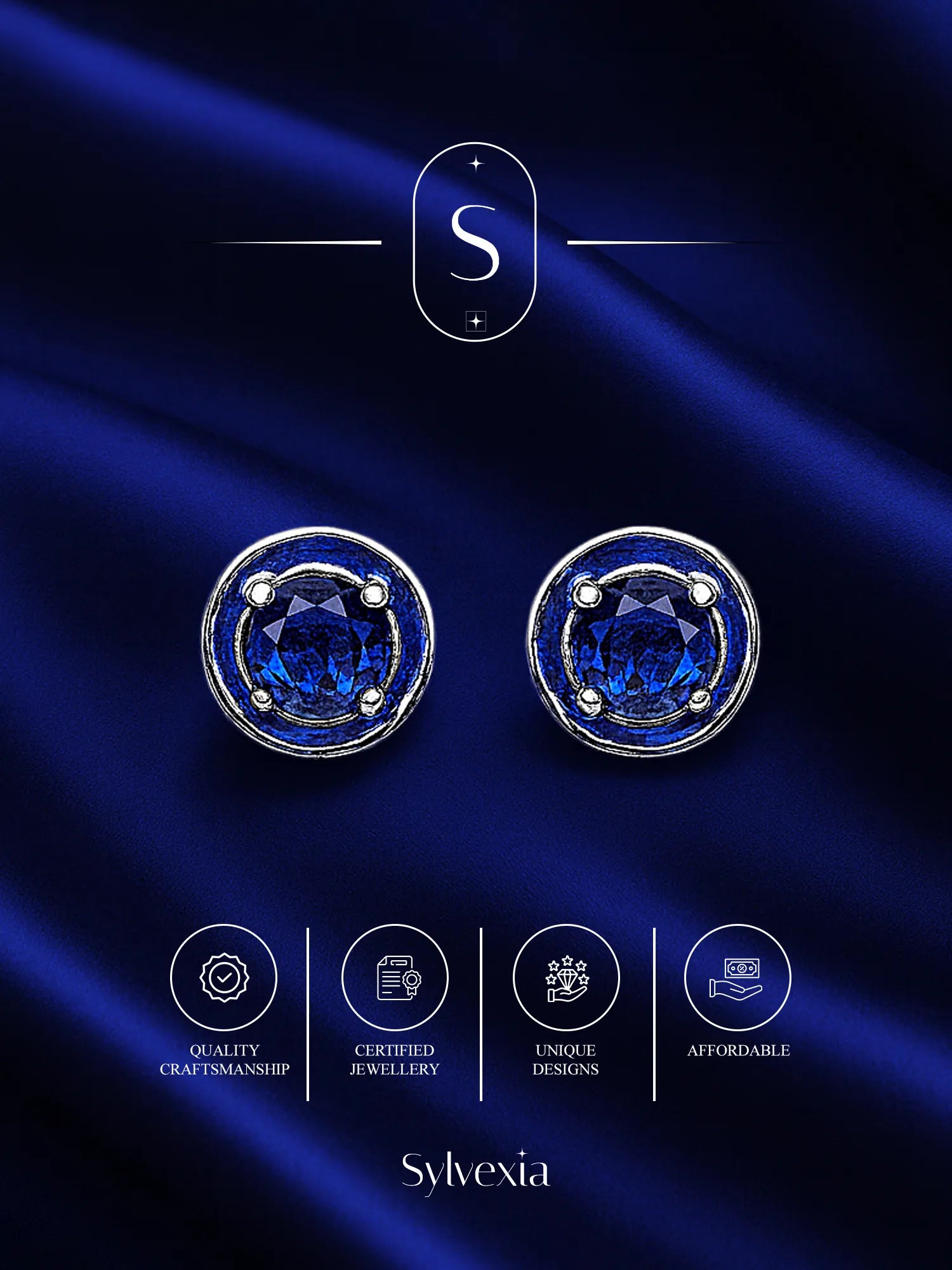 Sylvexia Silver Royal Blue Round Crystal Stud Earrings