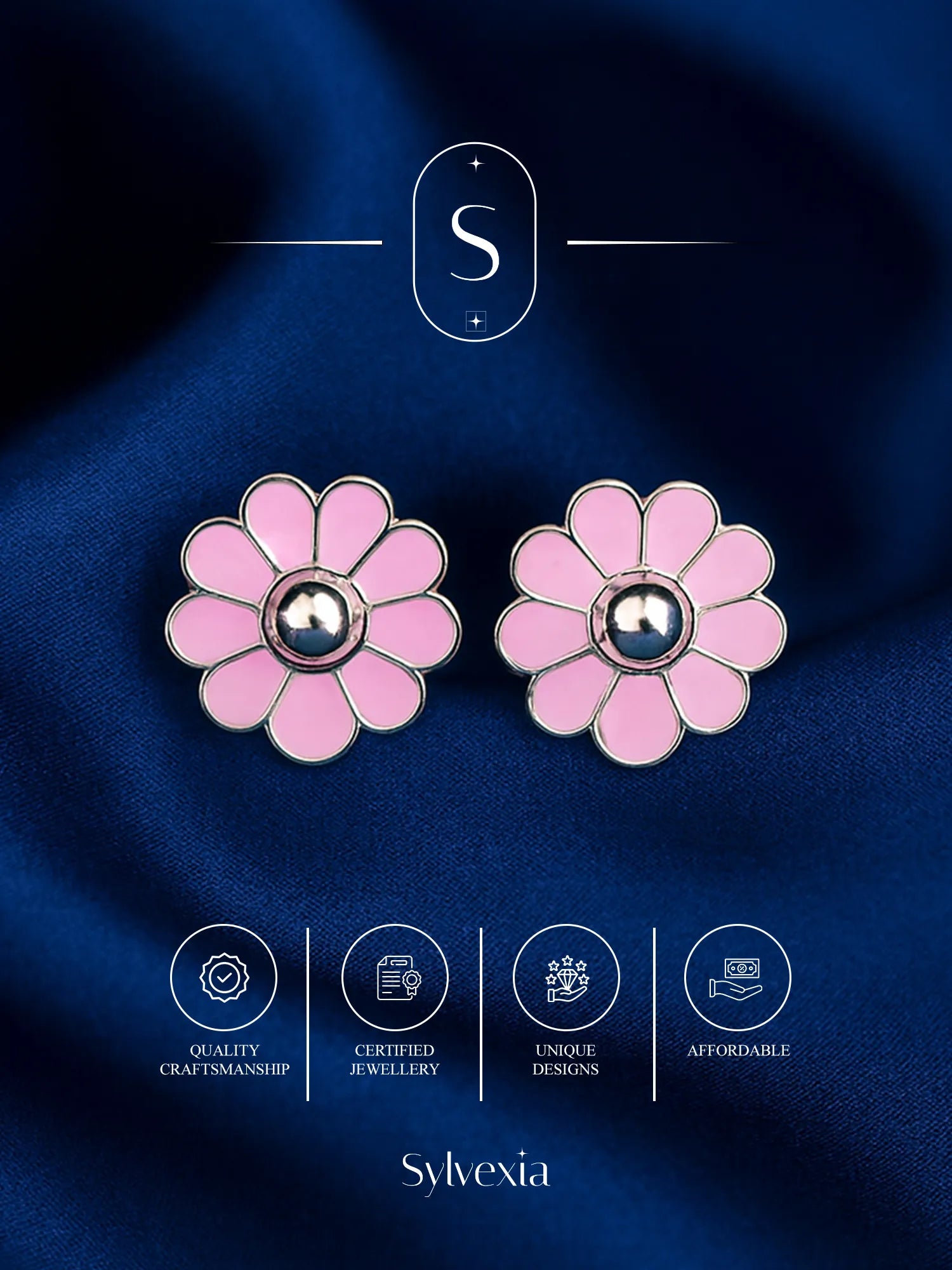 Sylvexia Silver Pink Blossom Stud Earrings