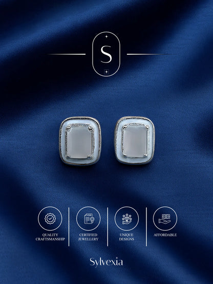 Sylvexia Silver Rectangular Minimal Stud Earrings