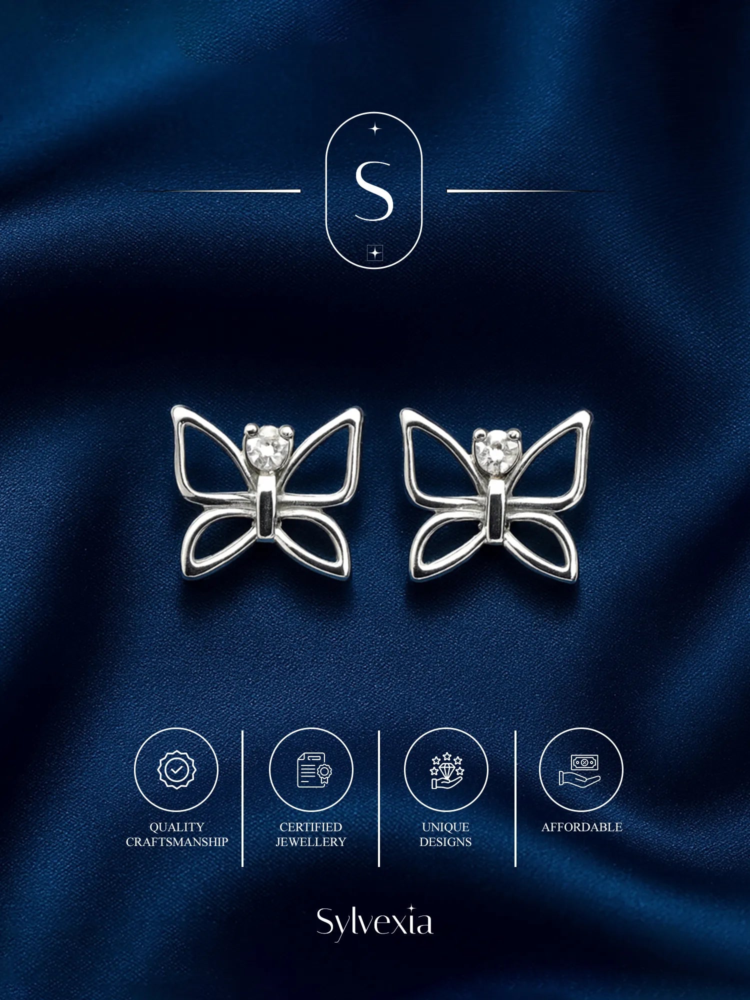 Sylvexia Silver Elegant Butterfly Stud Earrings