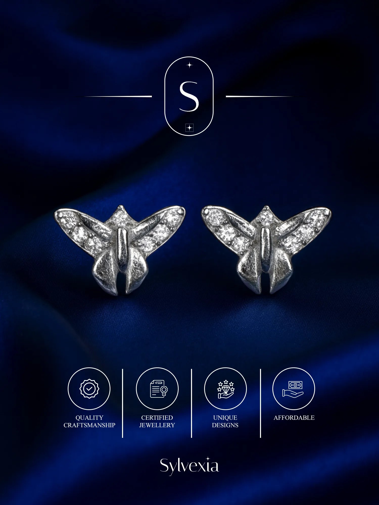 Sylvexia Textured Butterfly Silver Stud Earrings for Women