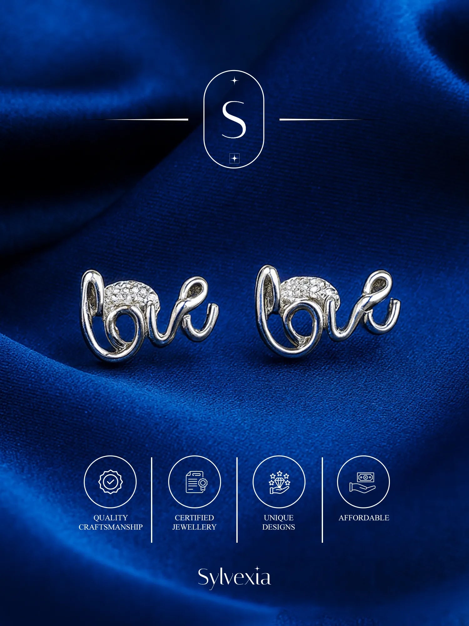Sylvexia Silver Love Script Crystal Stud Earrings