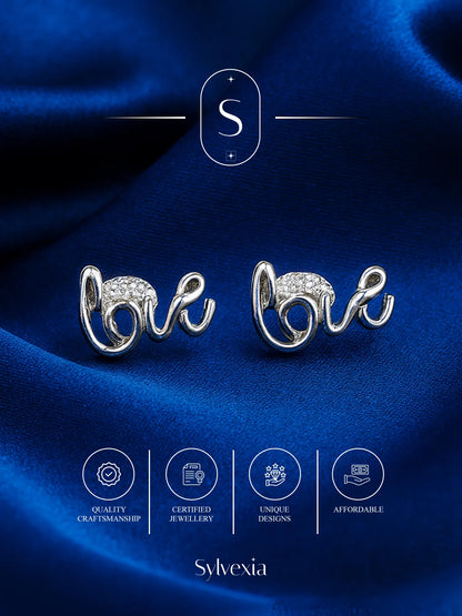 Sylvexia Silver Love Script Crystal Stud Earrings