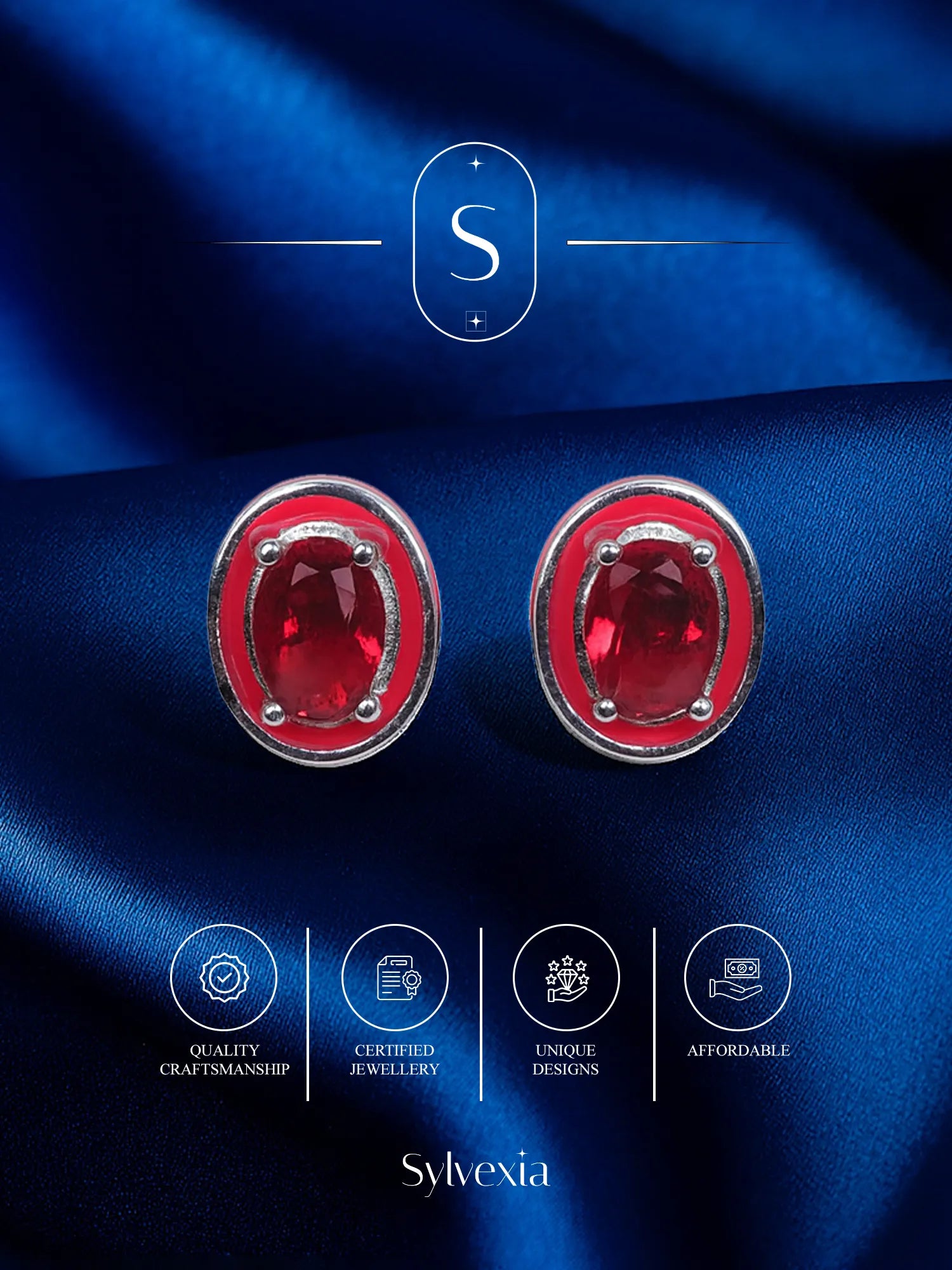 Sylvexia Silver Ruby Red Oval Crystal Stud Earrings