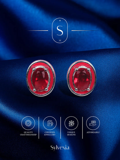 Sylvexia Silver Ruby Red Oval Crystal Stud Earrings