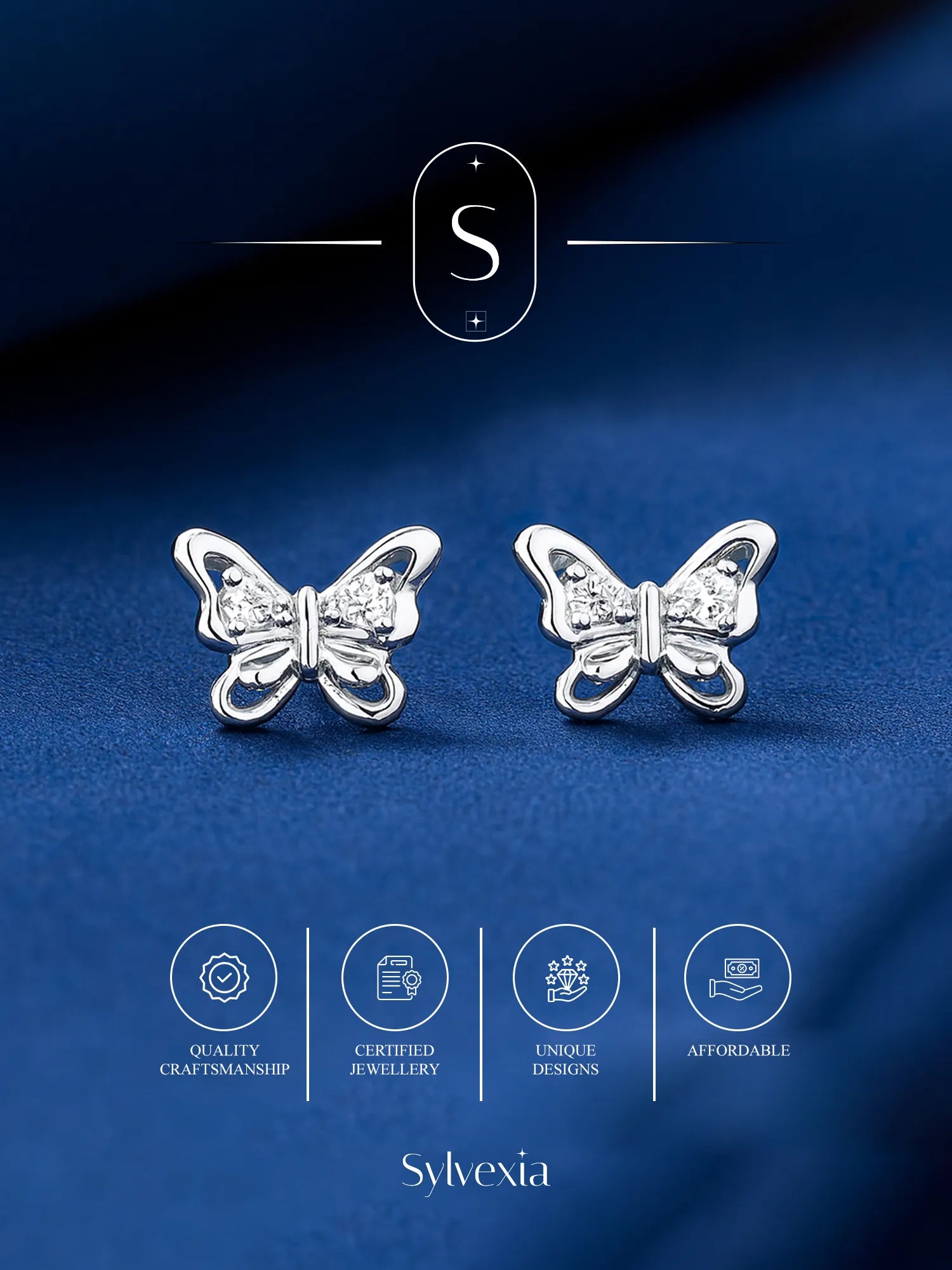 Sylvexia Silver Butterfly Bow Crystal Stud Earrings for Women