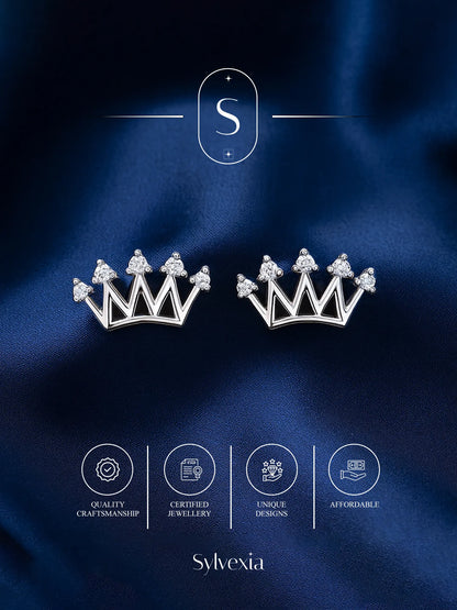 Sylvexia Silver  Royal Crown Crystal Stud Earrings for Women