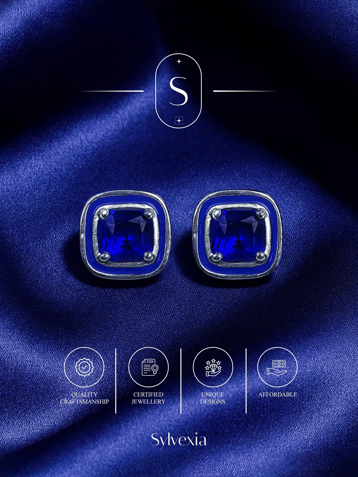 Sylvexia Royal Blue Crystal Square Stud Earrings