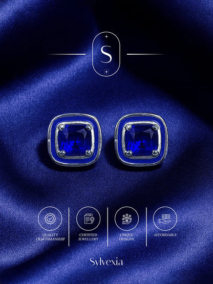 Sylvexia Royal Blue Crystal Square Stud Earrings