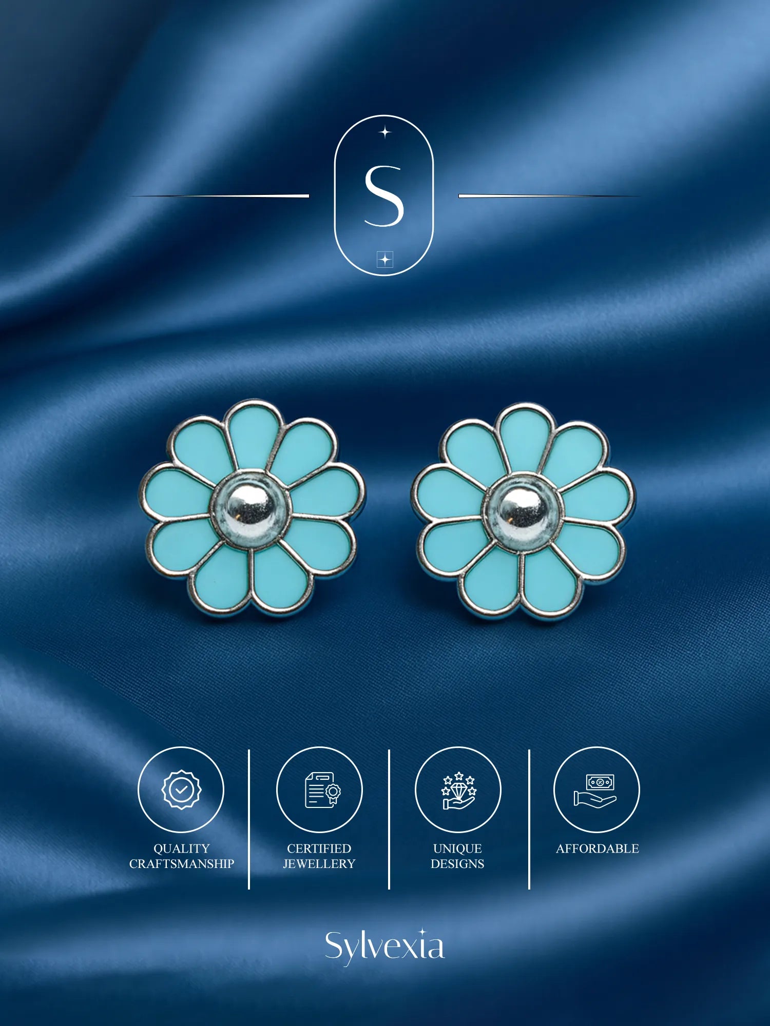 Sylvexia Silver Blue Daisy Stud Earrings