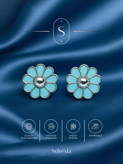 Sylvexia Silver Blue Daisy Stud Earrings
