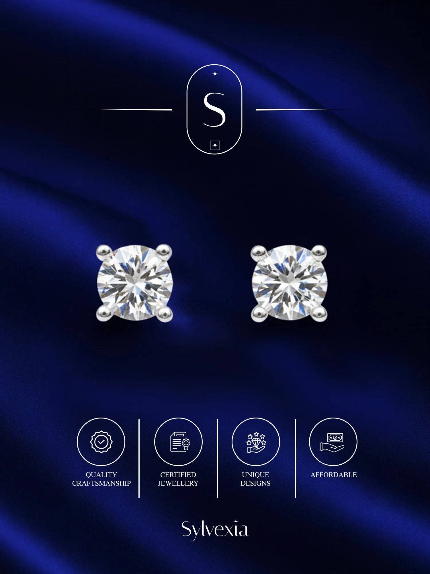 Sylvexia Silver Classic Round Solitaire Crystal Stud Earrings for Women