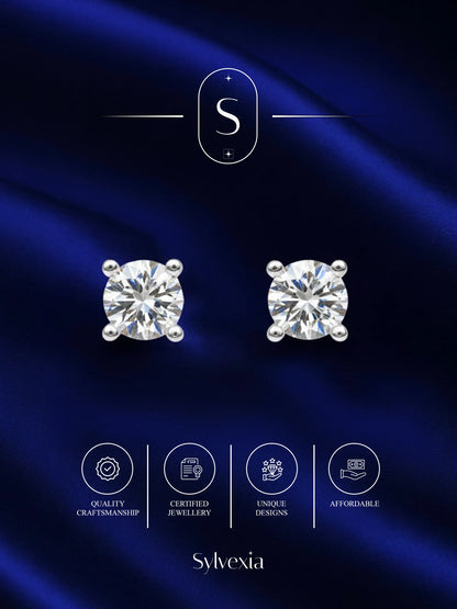 Sylvexia Silver Classic Round Solitaire Crystal Stud Earrings for Women