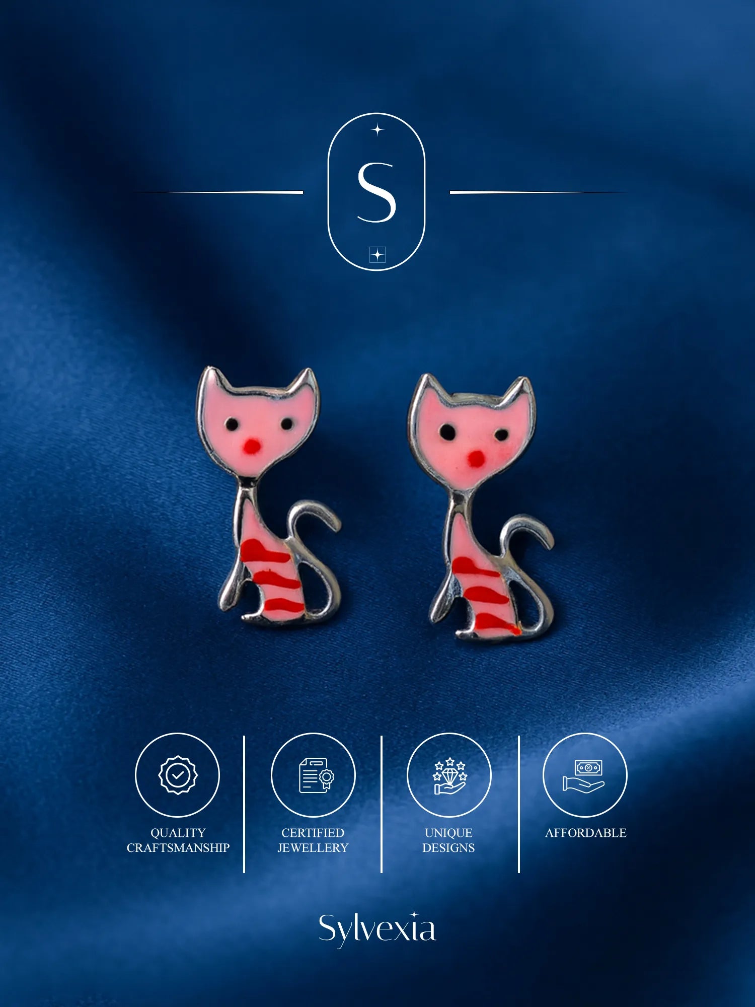 Sylvexia Silver Pink Cat Charm Earrings | Cute Cat Design Dangle Earrings for Women & Girls