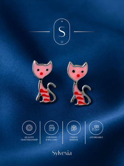 Sylvexia Silver Pink Cat Charm Earrings | Cute Cat Design Dangle Earrings for Women & Girls