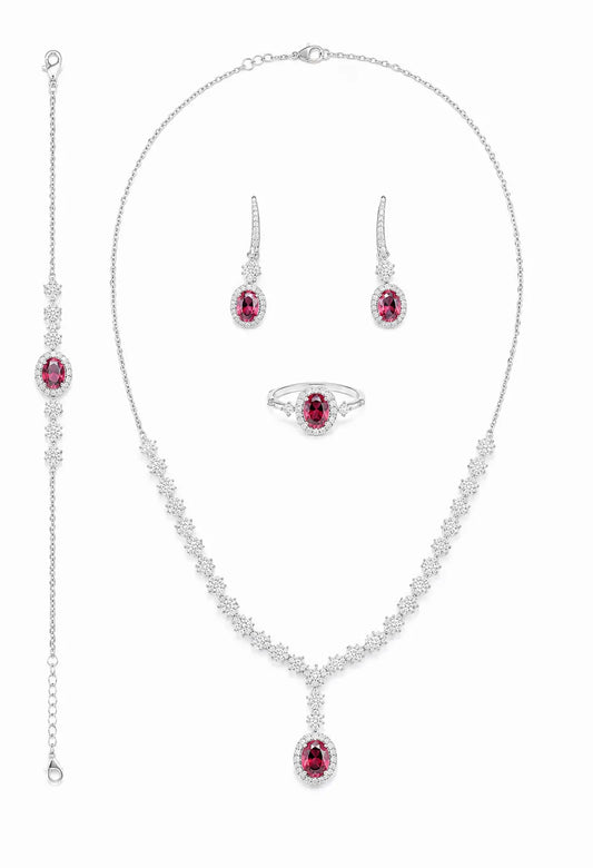 Sylvexia red Floral Silver Jewelry Set Necklace Earrings Ring Bracelet